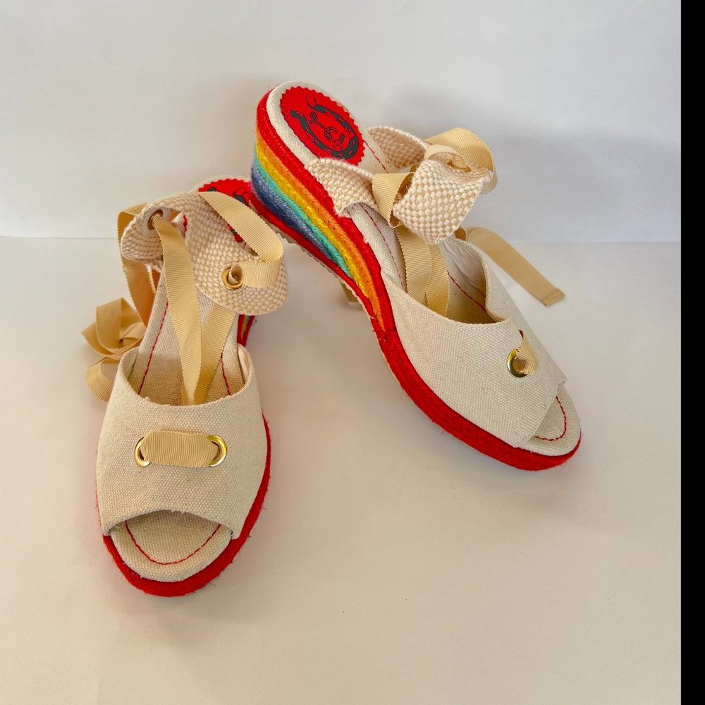 Miss L Fire Women's EU Size 40 - US 9 - 9.5  Rainbow Wedge Ribbon Martha Sandals